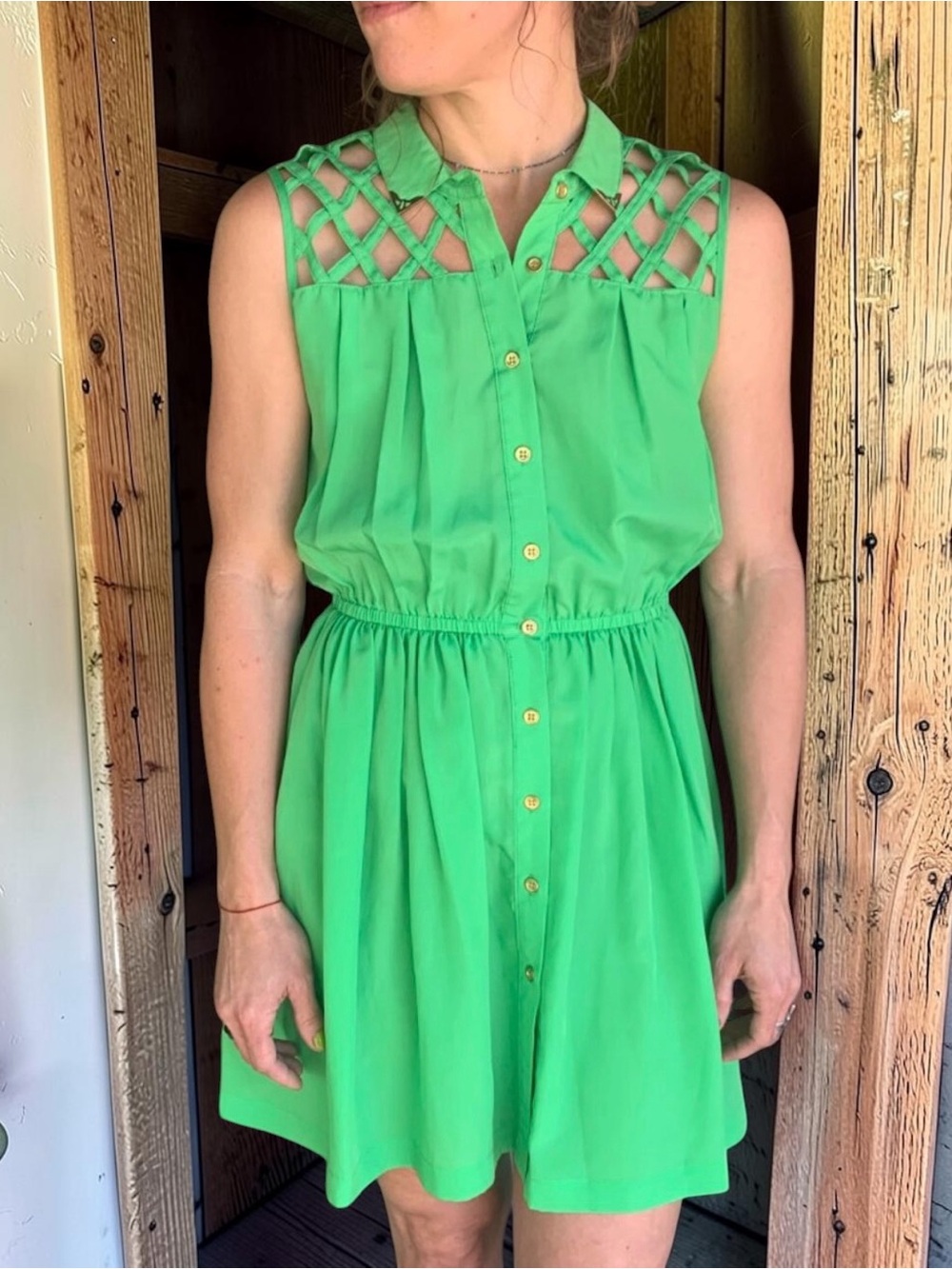 Anthropolgie INSPO from Vintage Green Open cRis-cross metal dress
